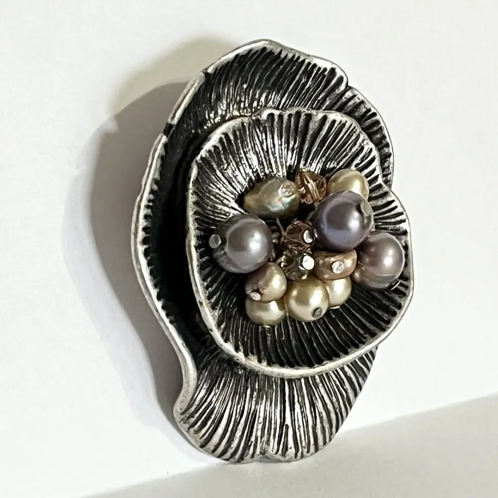 Vintage Flower Brooch Pin Pearl Cluster Antiqued Silver Tone Floral Statement